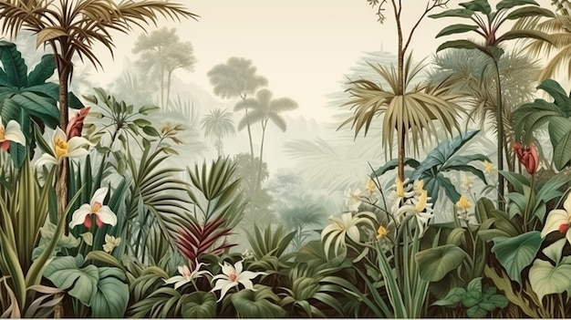 Foto ilustração de paisagem botânica vintage tropical árvore de palma flor de vegetais fundo de fronteira