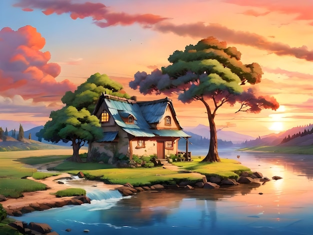 Ilustração de paisagem com árvores e casa perto do rio uma árvore perto do rio e um doce lar sozinho