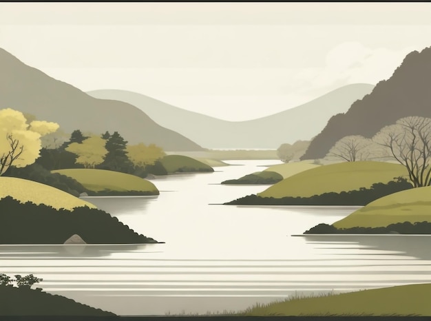 Ilustração de paisagem de beleza tranquila com lago e montanhas