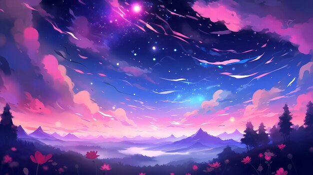 Ilustração de paisagem de céu estrelado de noite de belos desenhos animados desenhada à mão