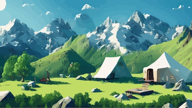 Ilustração de paisagem de dia ensolarado em estilo plano com montanhas de fogueira de tenda