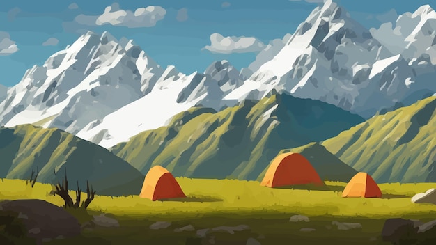 Ilustração de paisagem de dia ensolarado em estilo plano com montanhas de fogueira de tenda