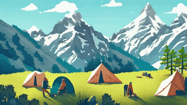 Ilustração de paisagem de dia ensolarado em estilo plano com montanhas de fogueira de tenda