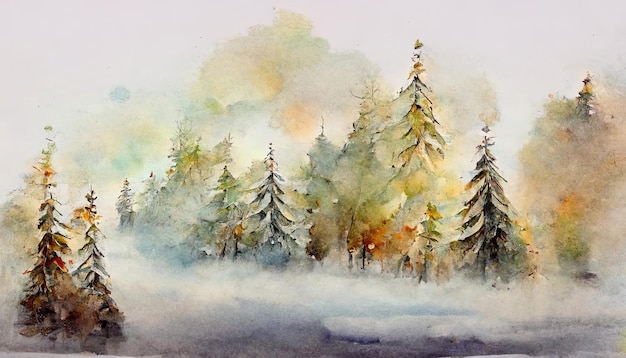 Ilustração de paisagem de floresta nebulosa de inverno em aquarela