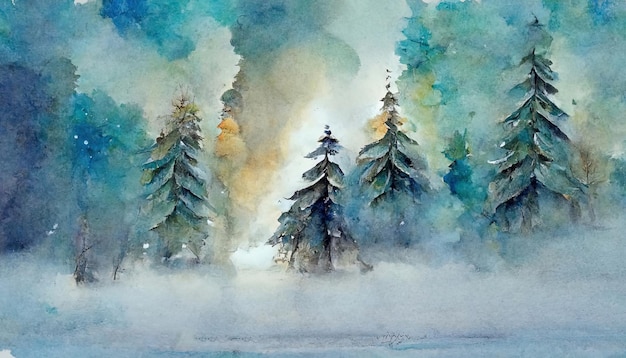 Ilustração de paisagem de floresta nebulosa de inverno em aquarela