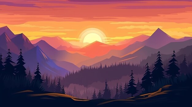 Foto ilustração de paisagem de montanha ao pôr-do-sol