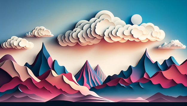 Ilustração de paisagem de montanha de fantasia Montanhas cor de rosa contra o céu azul