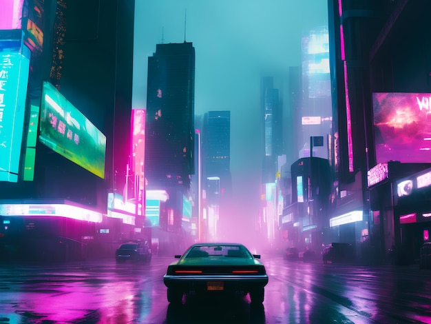 Ilustração de paisagem de neon vaporwave cyberpunk cidade rua e carro