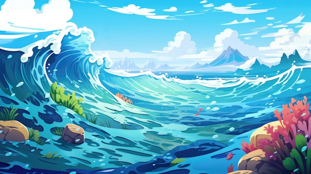 Foto ilustração de paisagem de ondas oceânicas em estilo de desenho animado fundo de cenário para fundo de jogo