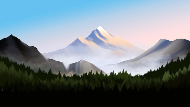 Ilustração de paisagem de picos de montanha com floresta de pinheiros