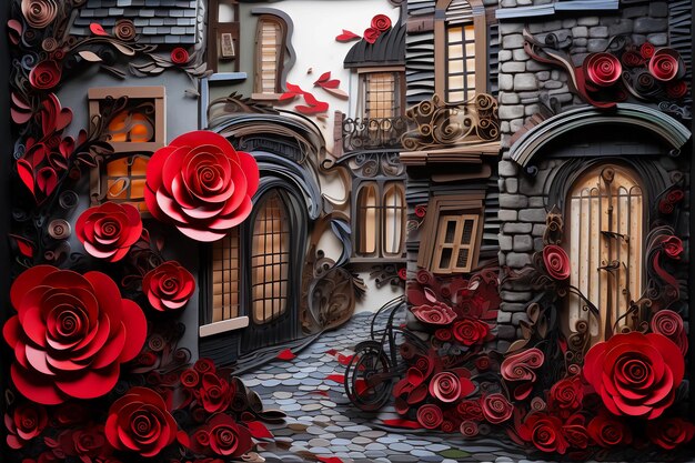 Foto ilustração de paisagem de quilling de papel de uma rua de cidade vintage com rosas vermelhas