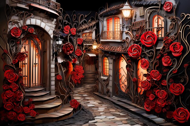 Foto ilustração de paisagem de quilling de papel de uma rua de cidade vintage com rosas vermelhas