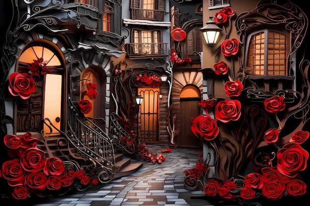 Ilustração de paisagem de quilling de papel de uma rua de cidade vintage com rosas vermelhas