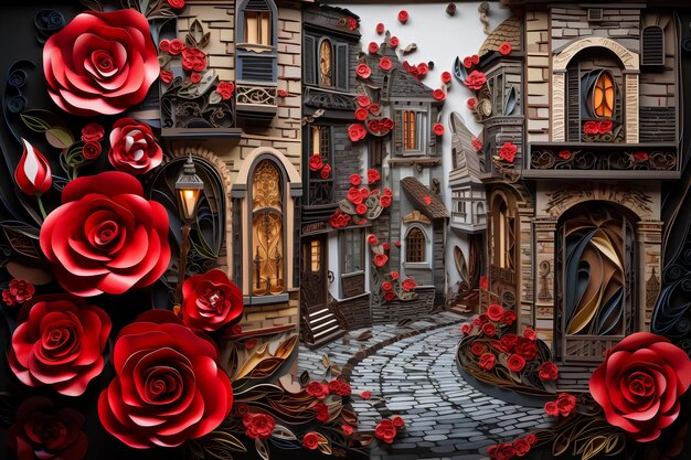Foto ilustração de paisagem de quilling de papel de uma rua de cidade vintage com rosas vermelhas