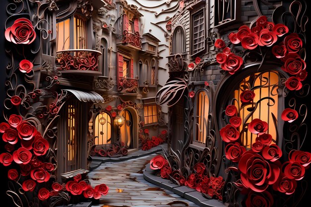 Foto ilustração de paisagem de quilling de papel de uma rua de cidade vintage com rosas vermelhas