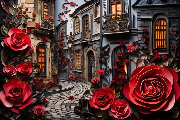 Ilustração de paisagem de quilling de papel de uma rua de cidade vintage com rosas vermelhas