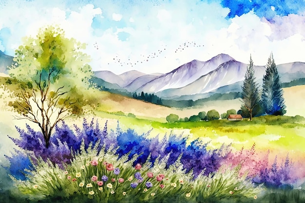 Ilustração de paisagem de verão em aquarela, árvores, montanhas e prados Ai gerados