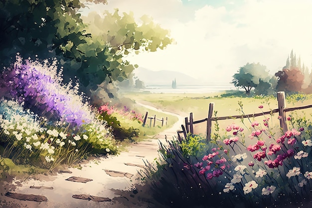 Ilustração de paisagem de verão em aquarela árvores prado e flores geradas por Ai