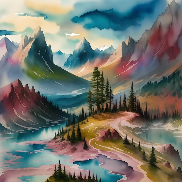 Ilustração de paisagem em aquarela