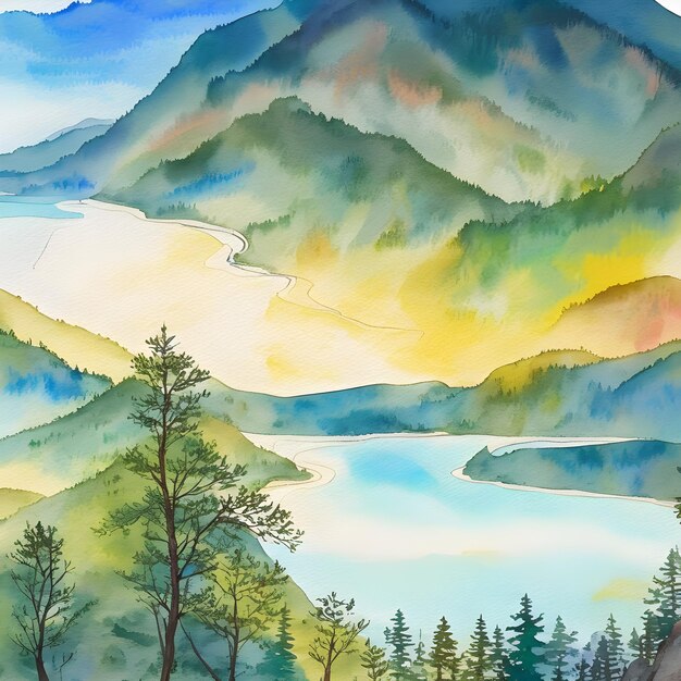 Ilustração de paisagem em aquarela