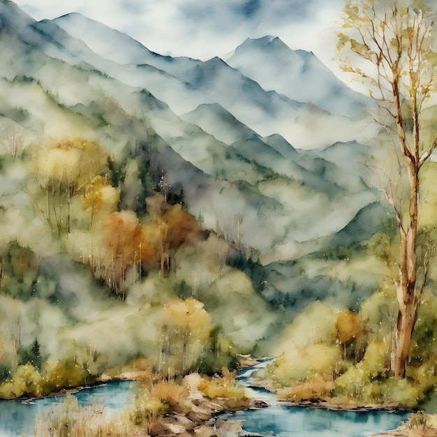 Ilustração de paisagem em aquarela