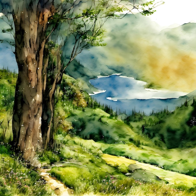 Ilustração de paisagem em aquarela