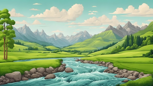 Ilustração de paisagem fluvial com vista para montanhas, campos verdes, árvores e florestas em torno do Riv