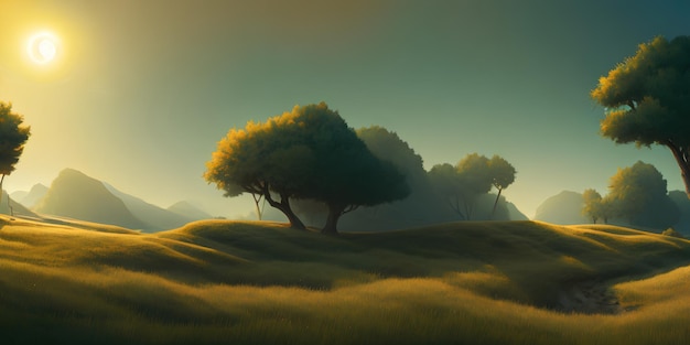 Ilustração de paisagem simples, um campo verde e árvores e um céu brilhante ao fundo