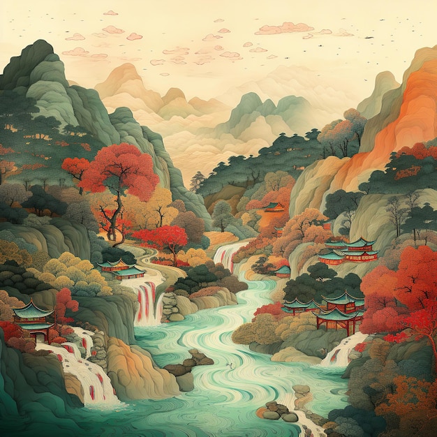 Ilustração de paisagens asiáticas