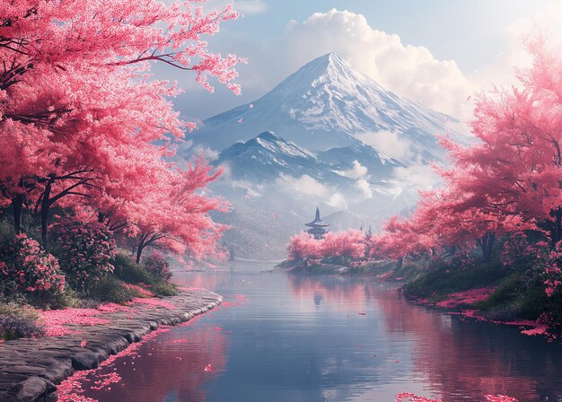Foto ilustração de paisagens japonesas durante as flores de cerejeira japonesa cor de pêssego fuzz