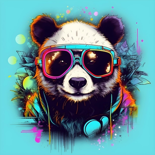 ilustração de panda com óculos em cores neon estampa de camiseta generativa AI