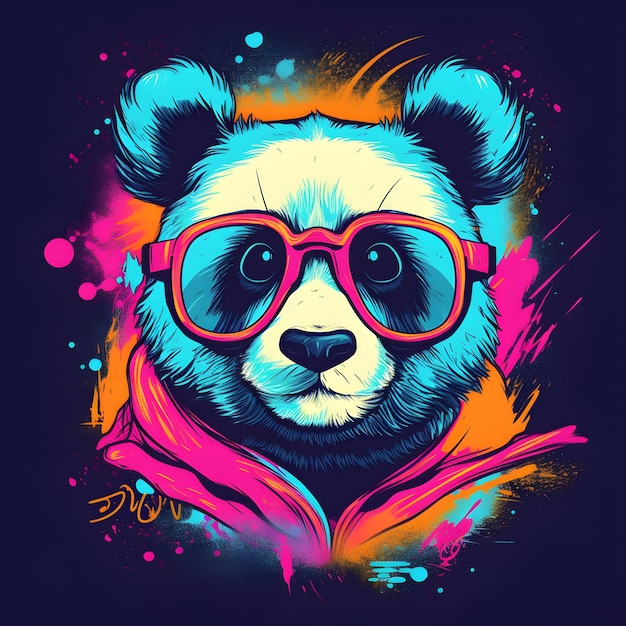 ilustração de panda com óculos em cores neon estampa de camiseta generativa AI