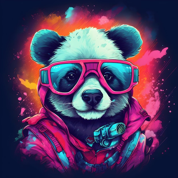 Foto ilustração de panda com óculos em cores neon estampa de camiseta generativa ai