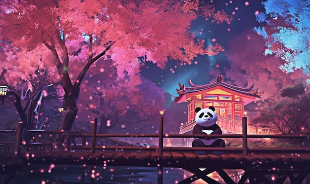 Ilustração de panda sentado em um lindo rio japonês generativo ai