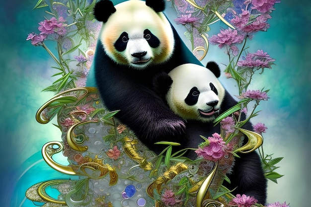 Ilustração de pandas brincalhões com elementos coloridos e fundo.