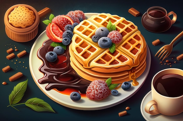 Ilustração de panquecas waffles belgas torrada doce rosquinha xícara de chá AI generatin