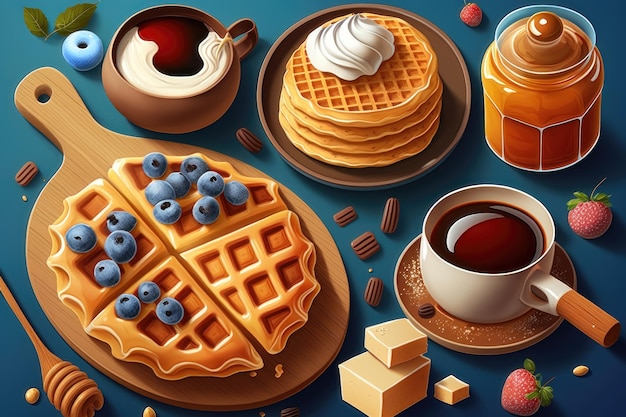 Foto ilustração de panquecas waffles belgas torrada doce rosquinha xícara de chá ai generatin