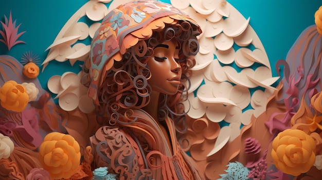 Ilustração de papel artesanal kirigami de papel multidimensional marrom Linda mulher muçulmana