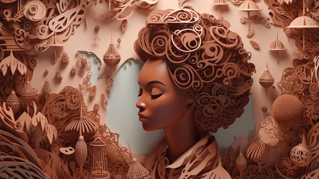 Ilustração de papel artesanal kirigami de papel multidimensional marrom Linda mulher muçulmana