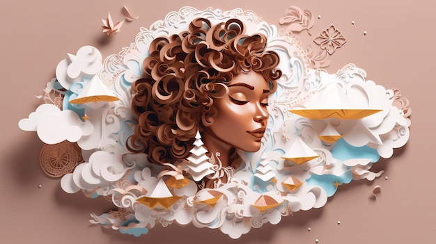 Ilustração de papel artesanal kirigami de papel multidimensional marrom Linda mulher muçulmana