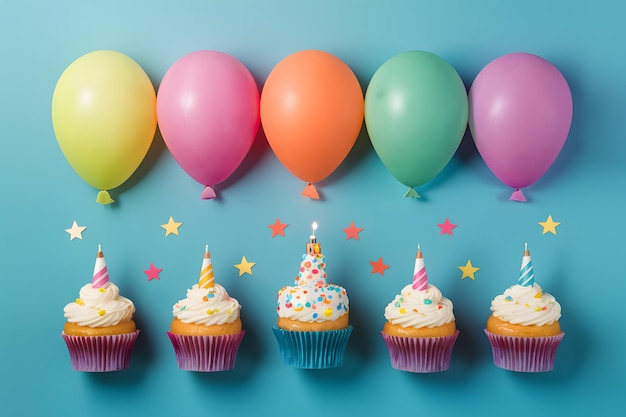 Ilustração de papel de balões e cupcakes para celebração de aniversário