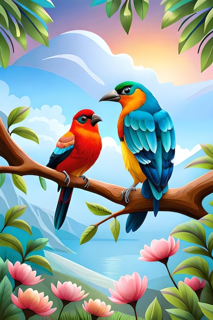 Ilustração de pássaros coloridos com fundo de flores
