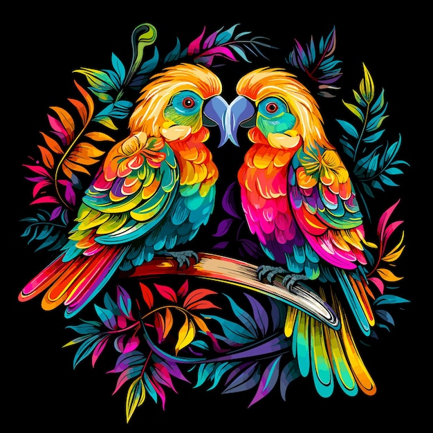 Ilustração de pássaros tropicais Imagem decorativa colorida de papagaios entre flores brilhantes isoladas em fundo preto em estilo pop art atraente Modelo para adesivo de camiseta etc.