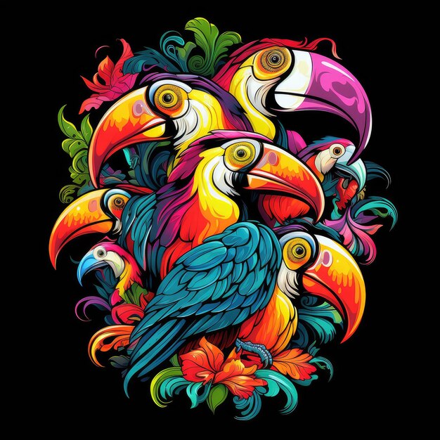 Ilustração de pássaros tropicais Imagem decorativa colorida de tucanos entre flores brilhantes isoladas em fundo preto em estilo pop art atraente Modelo para adesivo de camiseta, etc.