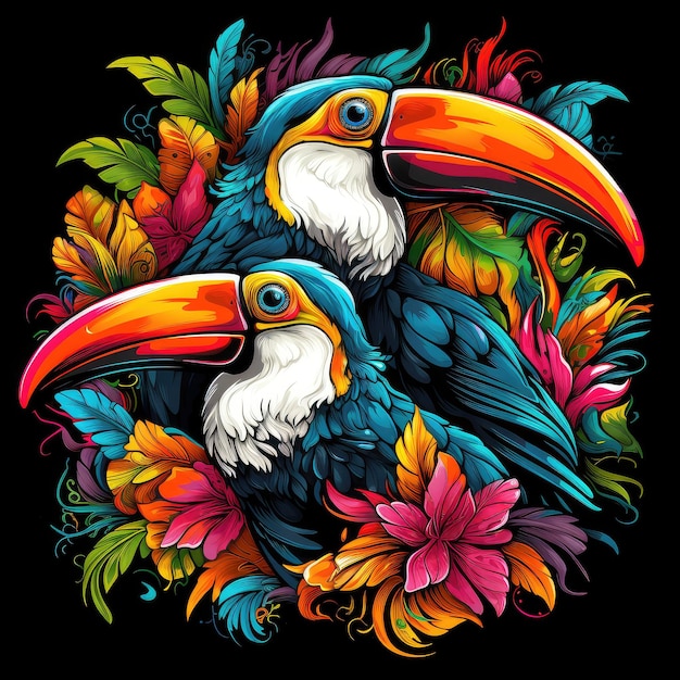 Ilustração de pássaros tropicais Imagem decorativa colorida de tucanos entre flores brilhantes isoladas em fundo preto em estilo pop art atraente Modelo para adesivo de camiseta, etc.