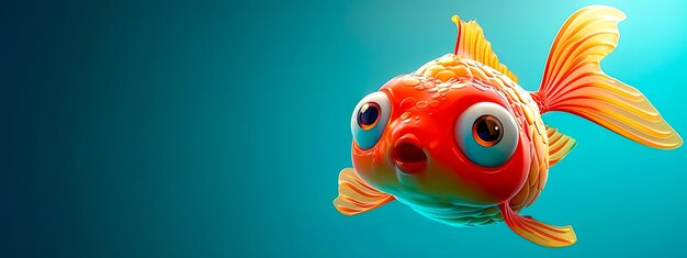 Ilustração de peixe-dourado de desenho animado com olhos expressivos em fundo azul