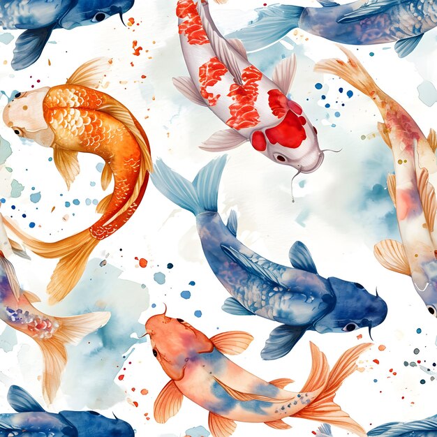 Foto ilustração de peixe koi com padrão de aquarela sem costura