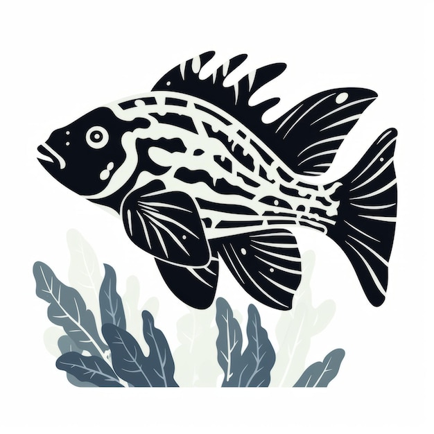 Ilustração de peixe tropical preto e branco em negrito