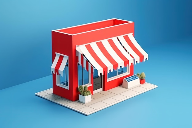 Foto ilustração de pequena loja com vendas de toldo colorido e conceito de mercado de fundo azul ai