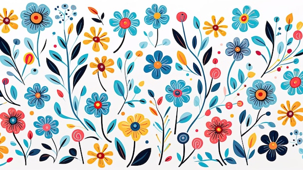 ilustração de pequenas flores silvestres coloridas de primavera em um fundo branco desenho em estilo folclórico